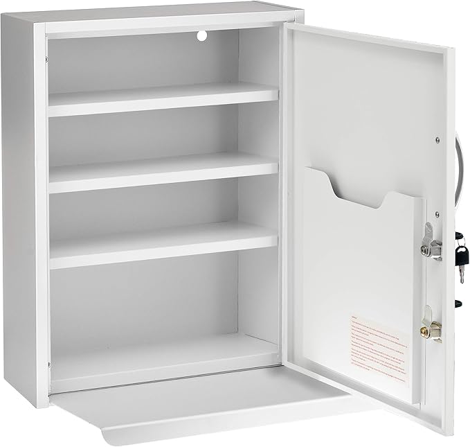 AdirMed White Locking Medication Cabinet with Document Pocket, Metal Wall Mounted Medication Cabinet with Dual Lock and Dual Keys, 21" H x 16" W x 6" D