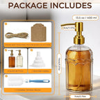 Coffee Syrup Dispenser Set of 4, 13.5 oz (400ml) Glass Bottles with Antique Bronze Stainless Steel Pump, Coffee Bar Syrup Pump Dispensers with Funnel, Cleaning Tools & Tags