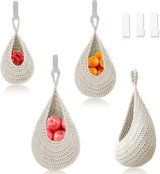 Hanging Fruit Large Basket Set of 3, Boho Wall Hanging Storage Basket for Organizing, Handmade Teardrop Hammock Holder for Fruit Vegetable in Home & Restaurant Kitchen with Hooks,White