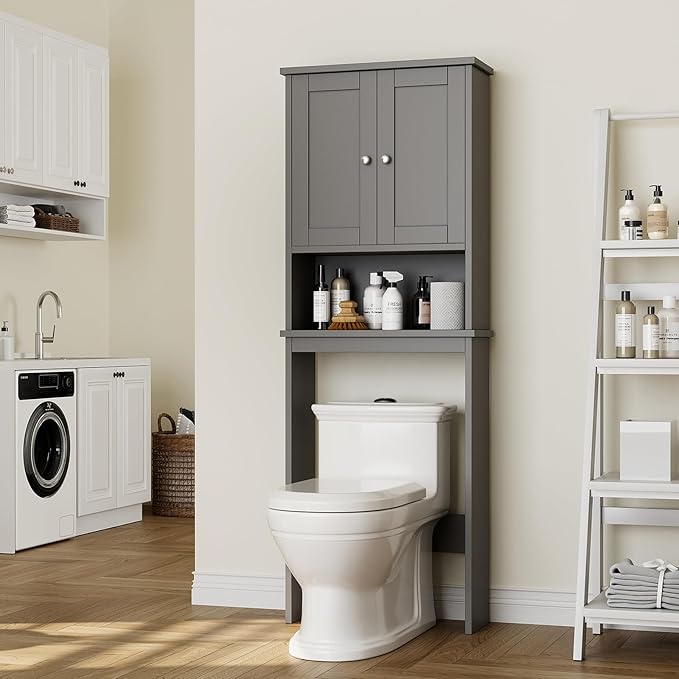 Meilocar Over the Toilet Storage Cabinet, Bathroom Storage Over Toilet with Two Doors and Adjustable Shelf, Space Saver with Open Shelf, Gray