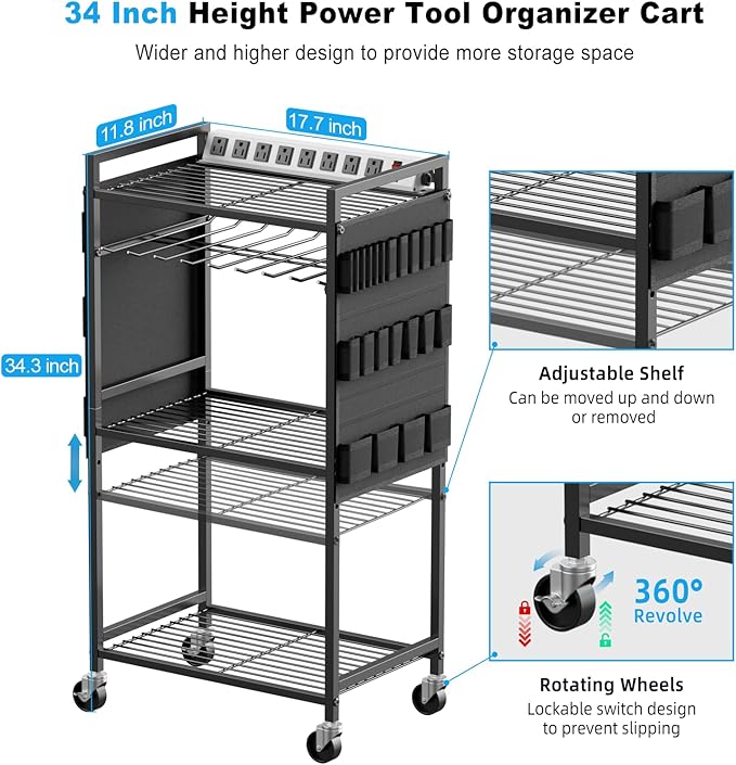JUNNUJ Large Power Tool Organizer Cart with Charging Station, Garage Floor Standing Rolling Drill and Tools Battery Storage Cart on Wheels, Heavy Duty Rack Shelf with 8 Outlet Power Strip, Black