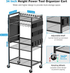 JUNNUJ Large Power Tool Organizer Cart with Charging Station, Garage Floor Standing Rolling Drill and Tools Battery Storage Cart on Wheels, Heavy Duty Rack Shelf with 8 Outlet Power Strip, Black