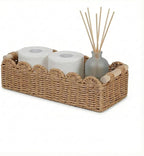 Scalloped Edge Bathroom Counter Organizer Basket with Wooden Handles, Khaki Paper Rope Toilet Tank Top Basket, Toilet Paper Storage Basket for Vanity, Shelves – 14" x 6.3" x 3.9"