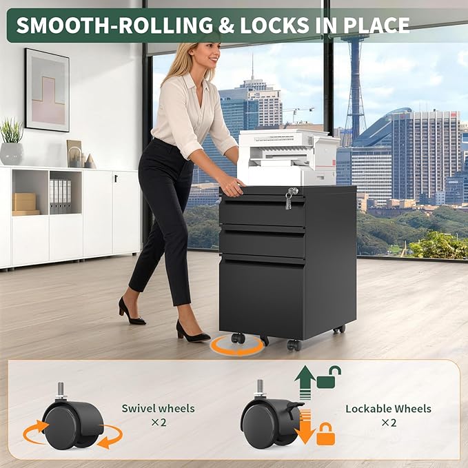 3 Drawer File Cabinet with Lock,Under Desk Rolling Small Filing Cabinet for Home Office Storage,Mobile Steel Cabinets with Wheels,Fully Assembled,Black