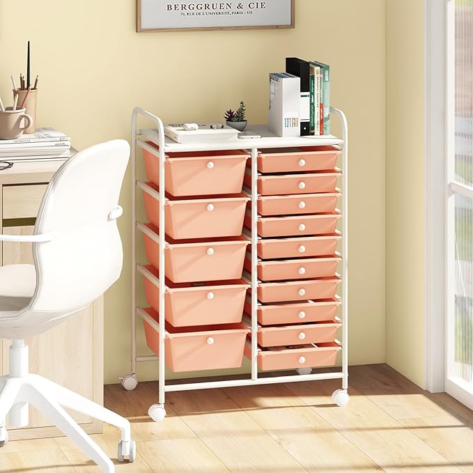 RELAX4LIFE 15-Drawer Storage Drawer Carts - Mobile Rolling Utility Cart w/Wheels, Craft Organizer for Classroom Organization and Storage, School, Office, Home, Storage Organizer Cart (Pink)
