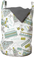 Ambesonne Steam Engine Laundry Bag, Choo Choo Train Pattern and Number Signs Vintage Travel Theme Print, Hamper Basket with Handles Drawstring Closure for Laundromats, 13" x 19", Apple Green Turquoise