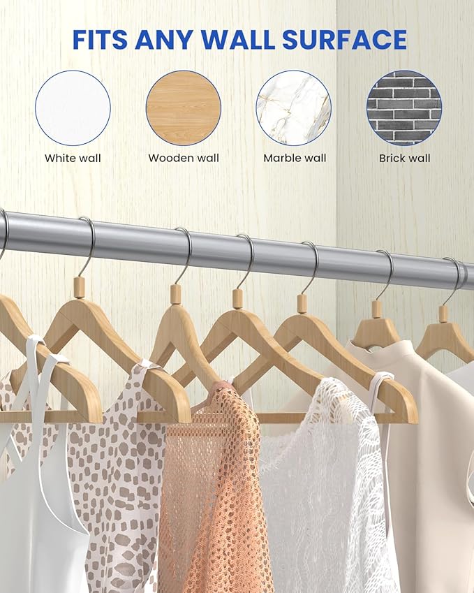 Closet Rods for Hanging Clothes, 17 to 69 Inches Stepless Adjustable Metal Closet Rod, 1.3 Inches Heavy Duty Clothes Hanging Rod for Closet Wardrobes Laundry RV, Silver