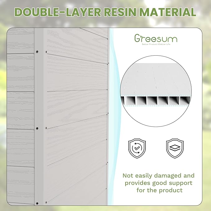 Greesum 6x4FT Plastic Outdoor Storage Shed with Floor, Resin Sheds with Lockable Double Door, Tool Sheds with Window and Vents, for Garden, Patio, Backyard, Light Gray