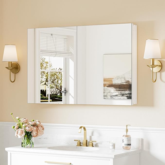 Keonjinn 40 x 26 Inch Medicine Cabinet, Assembly Required, White Bathroom Medicine Cabinets Mirror, Lightweight, Adjustable Shelves, Surface Mount or Recessed, Tempered Glass