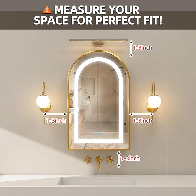 Arched Medicine Cabinet Mirror No Assembly Needed Bathroom Mirror with Storage Recessed or Surface Mount Options (Gold-LED, 29.5" L x 15.8" W)