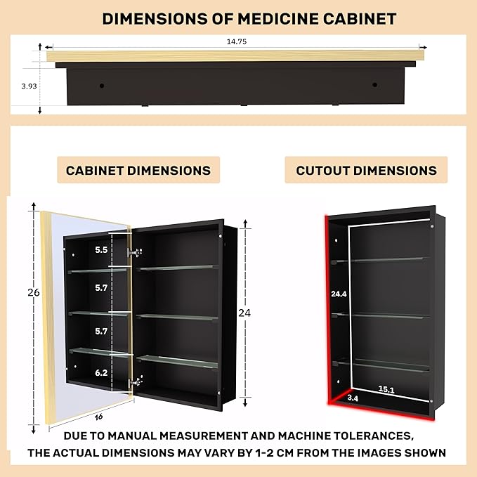 Bathroom Medicine Cabinet with Mirror, Recess or Surface Mount, Single Door Cabinet Famerhouse Bathroom Mirror with Storage Cabinet (Brush Gold, 16"x26")