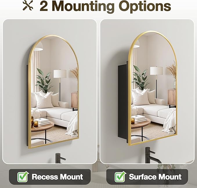 Arched Medicine Cabinet Mirror No Assembly Needed Bathroom Mirror with Storage Recessed or Surface Mount Options (Gold, 25.6" L x 15.8" W)