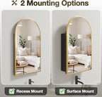 Arched Medicine Cabinet Mirror No Assembly Needed Bathroom Mirror with Storage Recessed or Surface Mount Options (Gold, 25.6" L x 15.8" W)