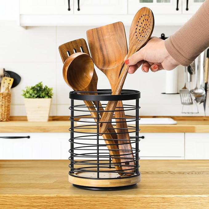 360° Rotating Utensil holder for Kitchen Counter 5.9 x 5.9 x 7.8 Large Round Utensils Holder with Wooden Base Matte Black Cooking Utensil Holder，Kitchen countertop Utensil Organizer