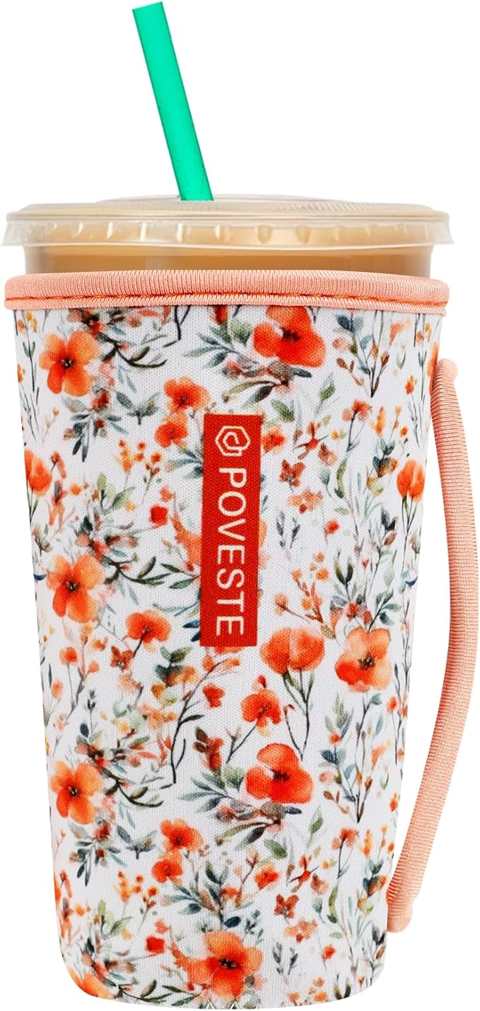 Reusable Neoprene Insulator Sleeve for Iced Coffee & Cold Soda, Coffee Sleeves for Iced & Hot Drinks, Cold Beverage Cooler Compatible with Starbucks, Dunkin (Flower Power, Large: 32oz)