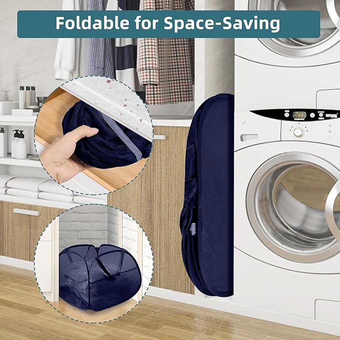 2 Pack Collapsible Foldable Laundry Baskets, 90L Large Durable Mesh Pop Up Hampers for Bedroom, Bathroom, Dorm, Laundry Room, Travel - Navy