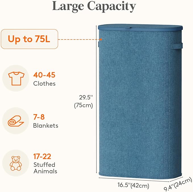 Lifewit 75L Slim Laundry Basket with Lid, Narrow Large Laundry Hamper with Plastic Handles and Removable Bag, Tall Foldable Dirty Clothes Hampers for Laundry Room, Bedroom, Bathroom, Dorm, Dark Blue