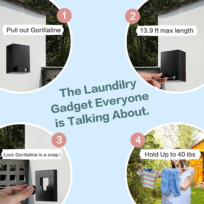 Invisible Retractable Clothes Line Indoor Non-Punch Retractable Wire Rope Portable Retractable Laundry Line Heavy Duty Clothes Dryer 165 inch Long Non Slip Clothesline