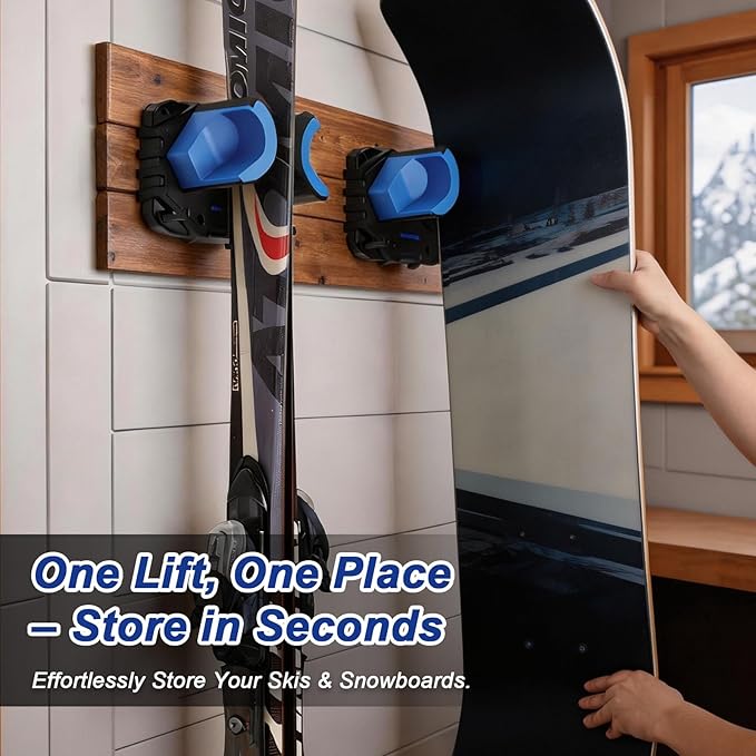 Ski & Snowboard Wall Mount, Fits Most Skis & Snowboards, Anti-Scratch & Non-Slip, Secure Hold Up to 25 lbs, Easy Install, Ski Holder with Pole Hooks, Space-Saving Garage Storage Ski Hanger, 6 Pack