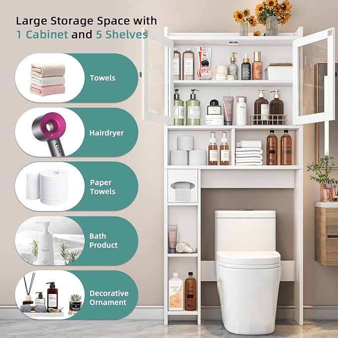 Over The Toilet Storage Cabinet with Clear Doors, Behind Toilet Organizer with Toilet Paper Holder Stand, Above Toilet Shelf, Space Saver for Bathroom, Laundry, Restroom, White