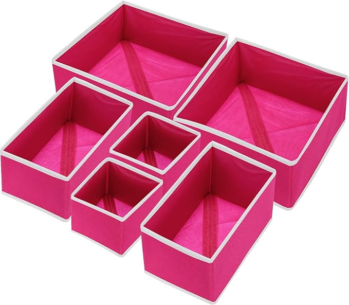 uxcell 1 Set Foldable Cloth Storage Box, 6 Slots Fabric Socks Underwear Drawer Dividers Organizers Baskets Bins for Clothes Socks Scarves Ties, Rose Red