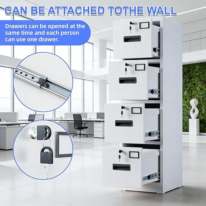 SUXXAN 4 Drawer File Cabinet, Metal Vertical File Storage Cabinet with Lock, Office Home Steel File Cabinet for A4 Letter/Legal Size, Assembly Required