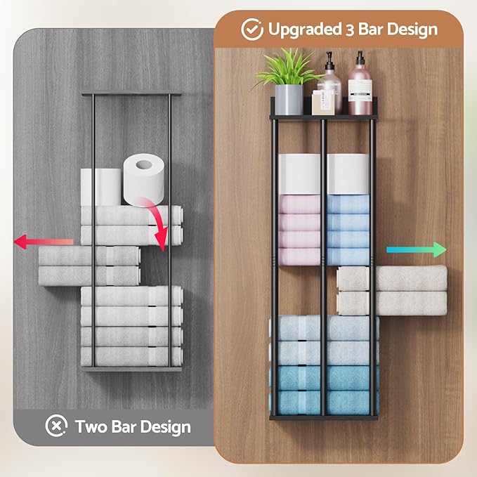 Bathroom Towel Storage, Black Bathroom Towel Holder, Wall Mounted 3 Bar Towels Racks Shelf Towels Organizer for Rolled Towels, Modern Storage Rack Organizer for RV, 34inch