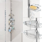 Consumest Corner Shower Caddy Tension Pole - Rustproof Shower Shelves with Towel Bar & Soap Holder, Adjustable Bath Organizer for Bathroom Storage, 27.6-108.3 inch, Silver