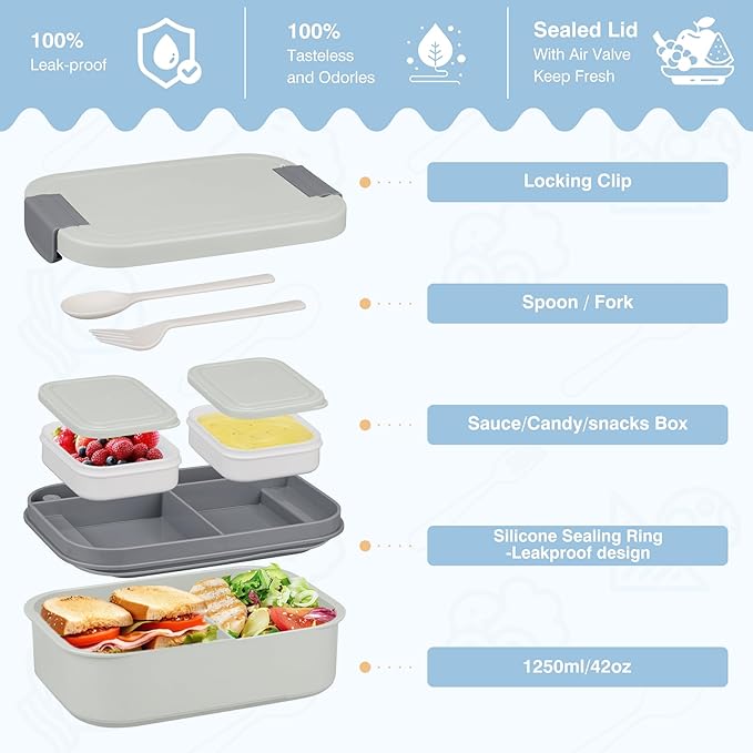 Bento Lunch Box Set with 10.5oz Soup Thermo Food Jar for Adults Kids, Stainless Steel Leak-proof Lunch Container with 4 Compartment, Coffee Tumbler with Lunch Bag for School Travel Office-Grey