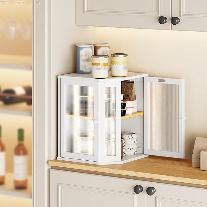 HOOBRO Bamboo Bread Box, Kitchen Countertop Corner Bread Box, Large Capacity 2-Tier Bread Container, Bread Storage Container with Dual Rippled Acrylic Doors, for Kitchen Food Storage, White WT12MB01