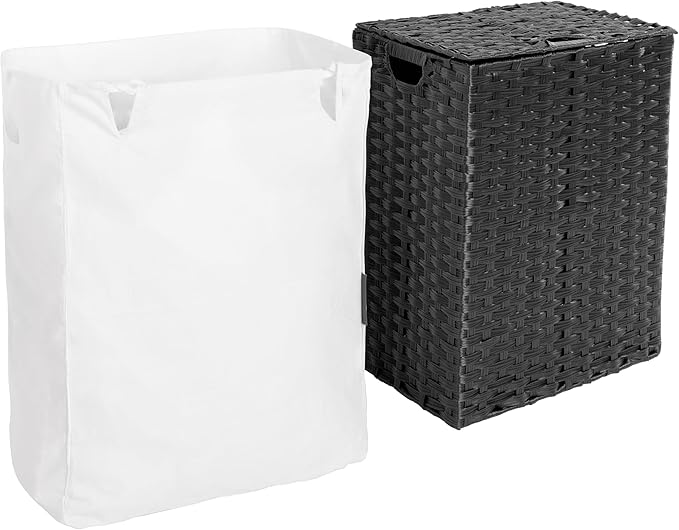 Seville Classics Premium Handwoven Portable Laundry Bin Basket with Carrying Handles, Household Storage for Clothes, Linens, Sheets, Black, Rectangular Hamper