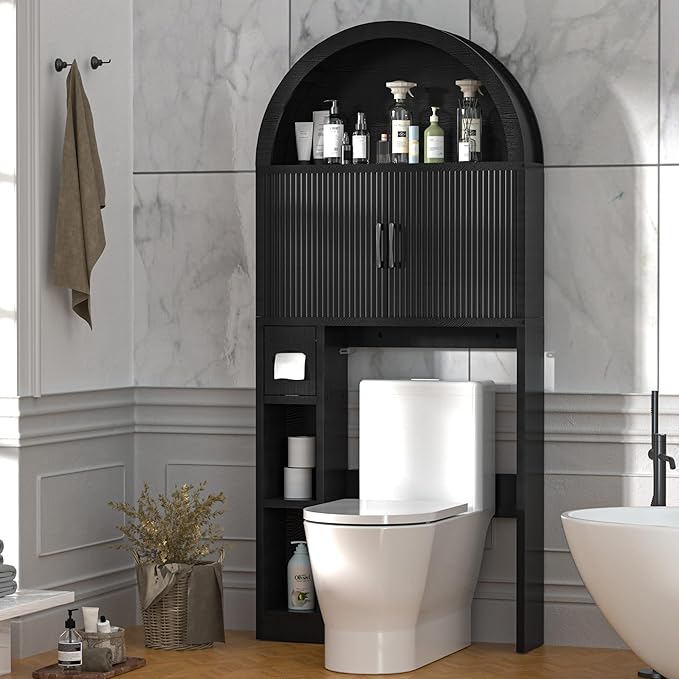 Over The Toilet Storage Cabinet, Bathroom Organizer Over Toilet, Arched Storage Organizer Cabinet with Anti-Tip Device and Adjustable Shelf for Washroom Laundry and Restroom, Black