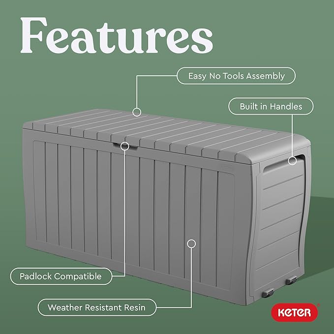 Keter Marvel Plus 71 Gallon Resin Outdoor Storage Box for Patio Furniture Cushions, Throw Pillows, Garden Tools and Pool Floats, Light Grey