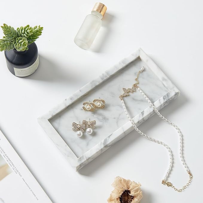 Natural Small Marble Vanity Tray, Luxury Stone Organizer for Bathroom & Kitchen | Holds Soap Dispenser, Jewelry, Perfume | Non-Resin, Non-Ceramic Décor (White, Mini (7.9" x 4.3" x 0.78"))