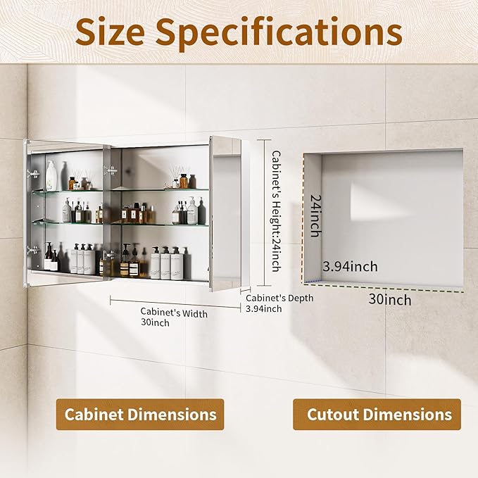 BEAUTYPEAK Bathroom Medicine Cabinet Mirror with Storage, 30 Inch x 24 Inch Silver Medicine Cabinet with Double Door & Adjustable Shelves for Vanity, Tempered, Aluminum Surface, Wall-mount or Recessed
