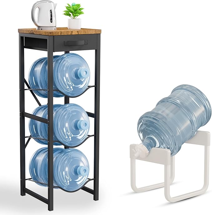 5 Gallon Water Jug Holder Stand 3-Tier Water Bottle Storage Rack & Dispenser Organizer with Stainless Steel Frame, BPA-Free Fast-Flow Spout, Heavy-Duty Wood Top Shelf for Home Kitchen & Office