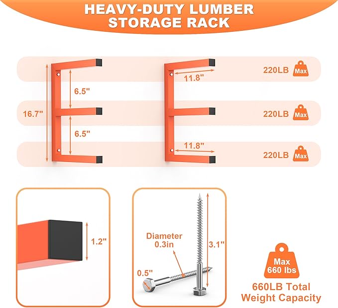 Ultrawall Lumber Storage Rack Wall Mount Wood Storage Racks, Metal Wood Organizer Racks for Shed, Workshop, Garage, Holds Up 220 LBS Per Level (Pack of 2, Orange)