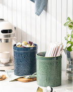 Kitchen Utensil Holder, 7 Inches Large Ceramic Utensil Holder for Countertop, Lace Emboss Cooking Utensil Crocks for Kitchen, Home Decor, Off-White, Forest Green