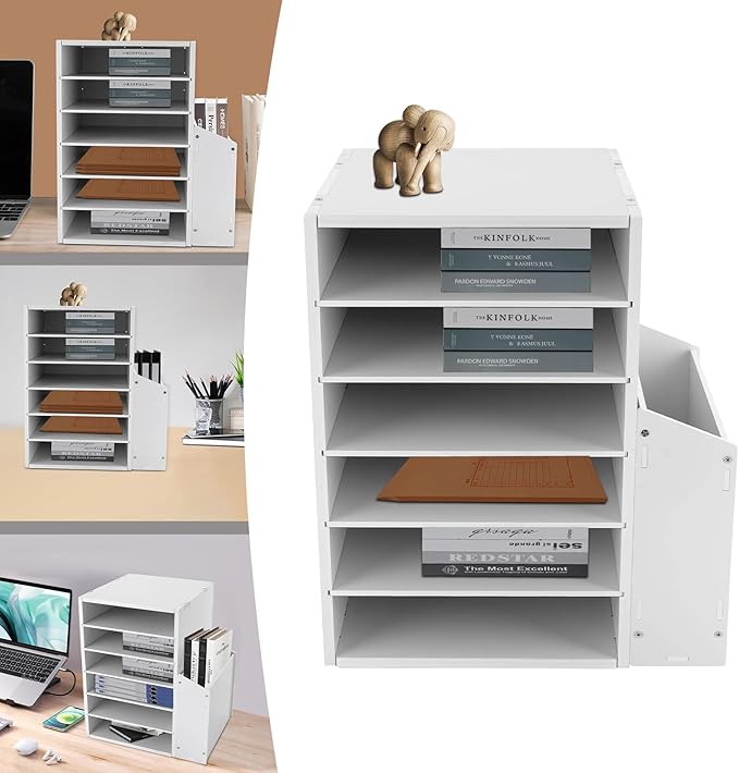 Literature Organizers With Side Storage cabinet, 6 Compartments Office Mailbox with Adjustable Shelves, PVC Board Literature Sorter for Office, Home, Classroom, Mailrooms Organization, White