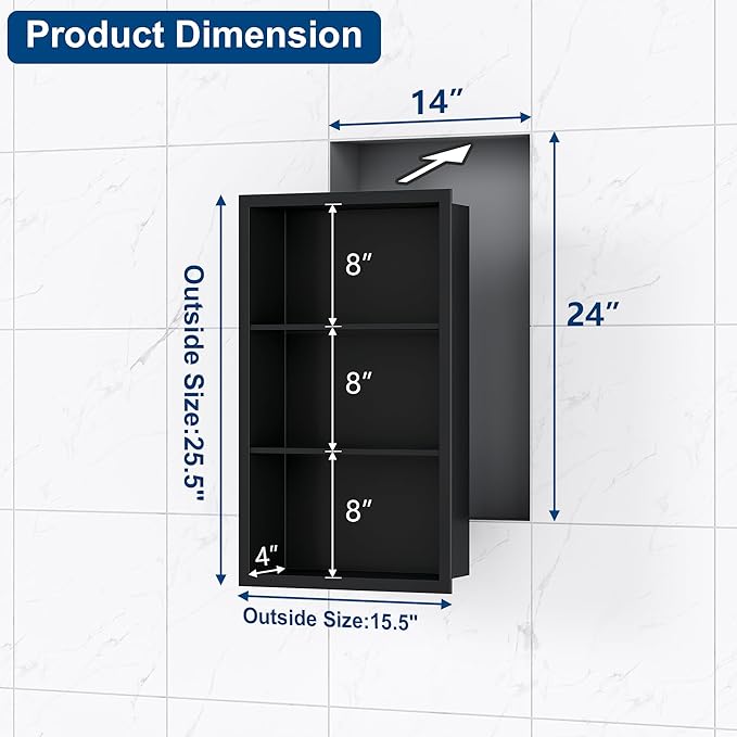 14x24 Recessed Medicine Cabinet, Medicine Cabinet No Mirror, 304 Stainless Steel Medicine Wall Niche with 3-Tiers Shelves, Matte Black