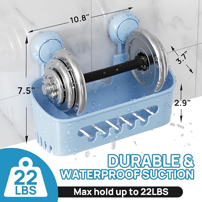 LEVERLOC Shower Caddy Suction Cup 2 Pack, Shower Organizer Removable Bathroom Shelf, Storage for Inside Shower Powerful Suction Max Hold 22lbs Waterproof Holder, Blue