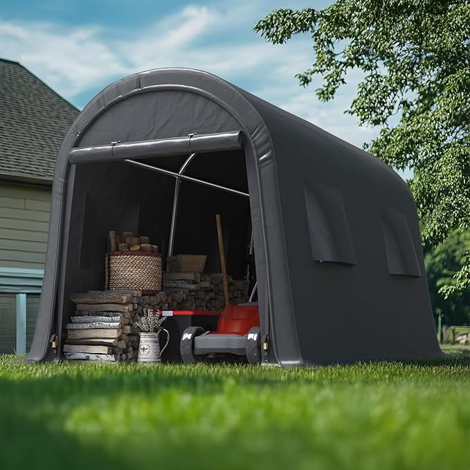 ADVANCE OUTDOOR 7x12 ft Shelter Storage Shed Steel Metal Round Peak Roof Portable Garage Carport for Motorcycle, Boat, or Garden Tools with 2 Roll up Doors & Vents, Gray