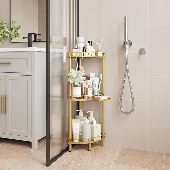 ELYKEN Corner Shower Caddy Standing, 3 Tier Rustproof Metal Shower Organizer with Soap Holder, Floor Shower Corner Shelf Rack Storage Stands with Adjustable Feet & 2 Hooks for Bathroom, Gold