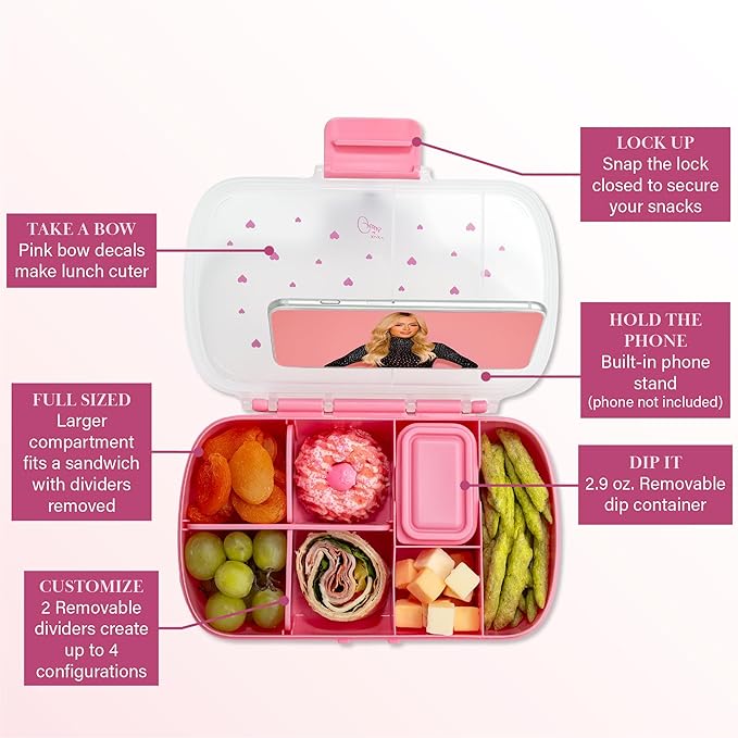 Paris Hilton 2-Pack Bento Style Snack Boxes, 7-Compartment Lunch Containers with Built-In Phone Stand, Removable Dividers and Dip Containers, Pink Heart Print