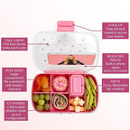 Paris Hilton 2-Pack Bento Style Snack Boxes, 7-Compartment Lunch Containers with Built-In Phone Stand, Removable Dividers and Dip Containers, Pink Heart Print