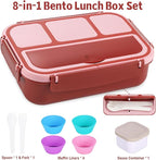 Bento Box Adult Lunch Box, Lunch Containers for Kids Girls Boys with 4 Compartments, Lunchable Food Container with Utensils, Sauce Jar, Muffin Liners, 40 Oz/5 Cup, Retro Red