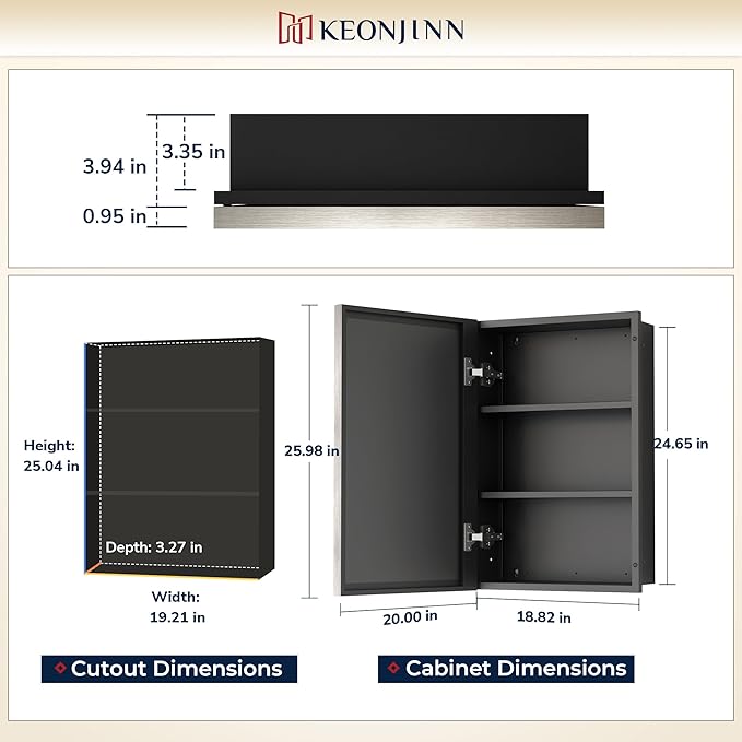 Keonjinn 20" x 26" Medicine Cabinets with Mirror for Bathroom, Brushed Nickel Recessed or Surface Wall-Mounted Aluminum Alloy Framed Beveled Mirror, Farmhouse Bathroom Mirror with Storage Cabinet
