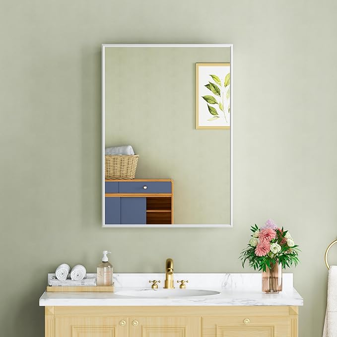 Buruis 20" x 28" Framed Medicine Cabinet with Mirror, Recessed or Wall Mounted Bathroom Cabinet, Adjustable Tempered Glass Shelves, Left/Right Open Reversible, No Assembly Required, White