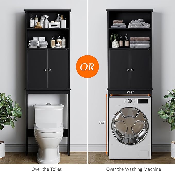 Meilocar Over The Toilet Storage Cabinet for Bathroom, Storage Organizer Over Toilet, Space Saver W/Adjustable Shelf & Open Shelves, 75in, Black