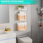 HapiRm Towel Rack Bathroom Storage - 3 Tier Over The Door & Wall Mounted Rolled Towel Racks Holder Organizer with Metal Shelf and 6 Hooks for Small Bathroom, Camper, Rv - White
